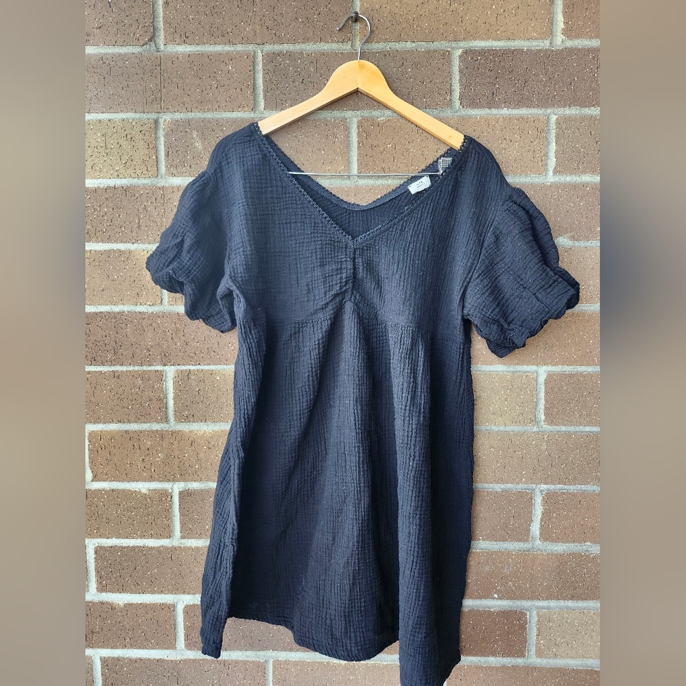 Black Textured Cotton Babydoll Short Sleeve Dress